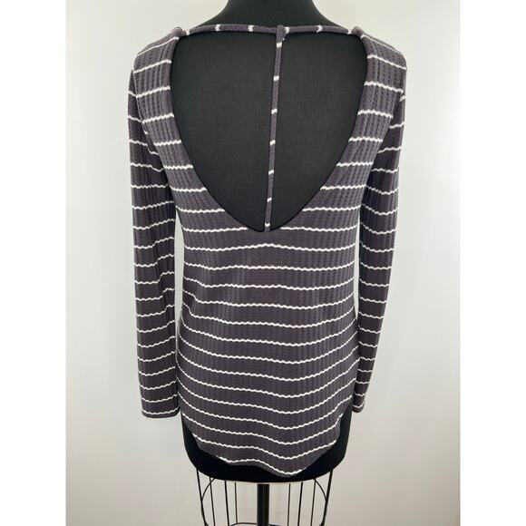CHASER Gray White Striped Long Sleeve Waffle Knit Women's Top Size S Small - Picture 6 of 9